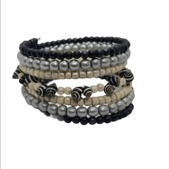 Wrap around beaded braclets with shells‎ black cream - Picture 1 of 4